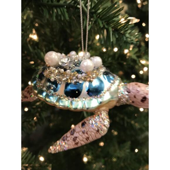 Sea Turtle Christmas Ornament Glass Aqua Blue Nautical Ocean Seaside Jeweled - Picture 7 of 7